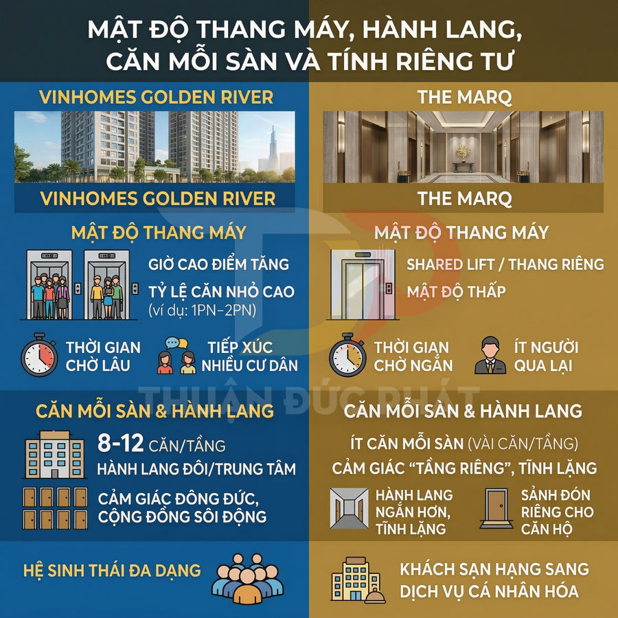 So sánh mật độ thang máy, hành lang và căn hộ giữa Vinhomes Golden River và The Marq