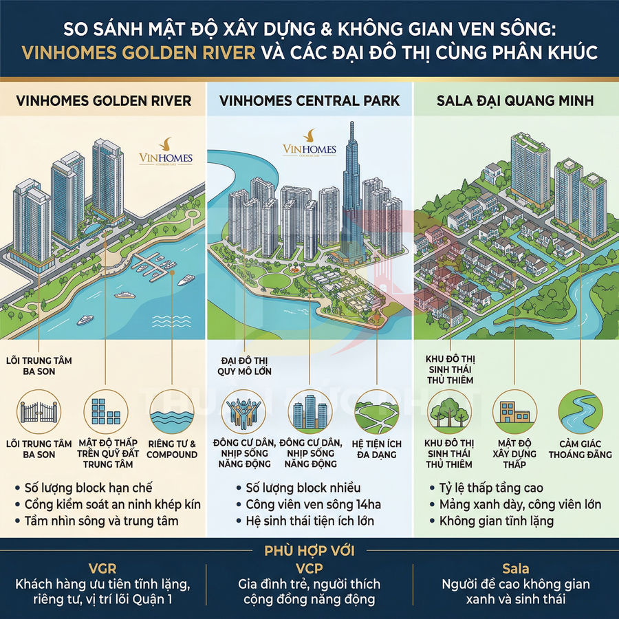 So sánh mật độ xây dựng và không gian ven sông Vinhomes Golden River, Vinhomes Central Park, Sala Đại Quang Minh
