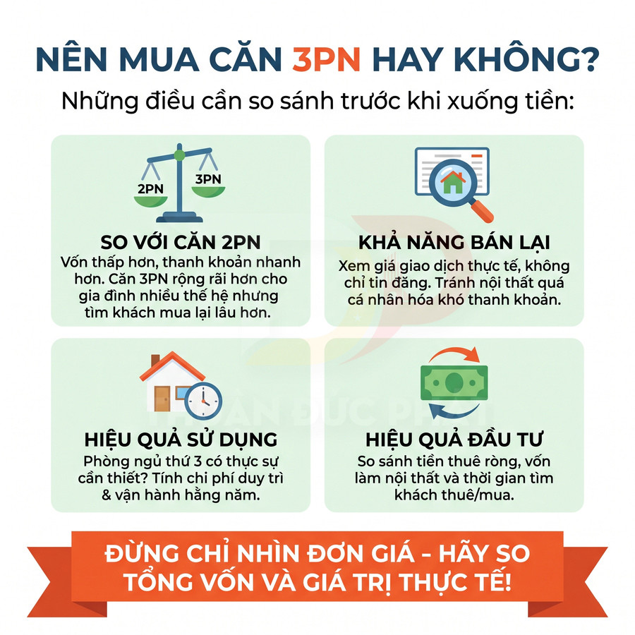 So sánh căn hộ 3 phòng ngủ với 2 phòng ngủ về giá, khả năng bán lại, công năng và hiệu quả đầu tư