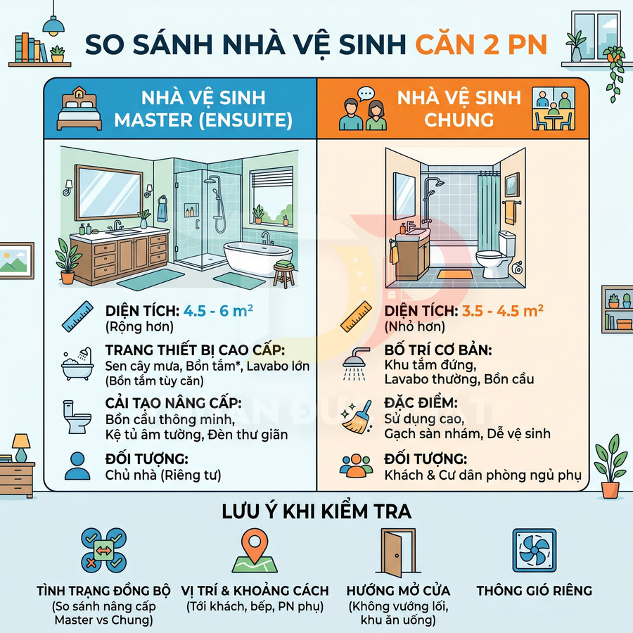 So sánh nhà vệ sinh master và nhà vệ sinh chung trong căn hộ 2 phòng ngủ, kèm lưu ý khi kiểm tra