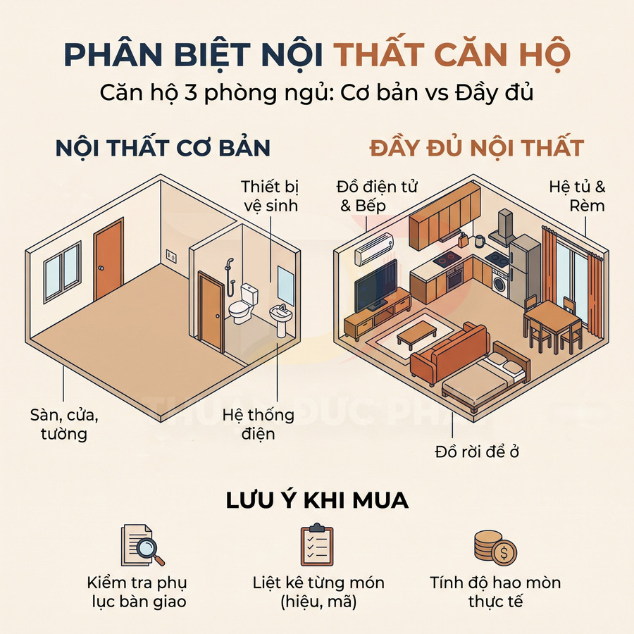 So sánh căn hộ ba phòng ngủ nội thất cơ bản với đầy đủ nội thất và lưu ý khi mua căn hộ có sẵn nội thất