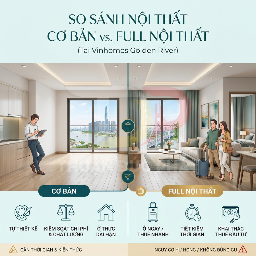 So sánh căn hộ nội thất cơ bản và full nội thất tại Vinhomes Golden River, minh họa hai không gian sống