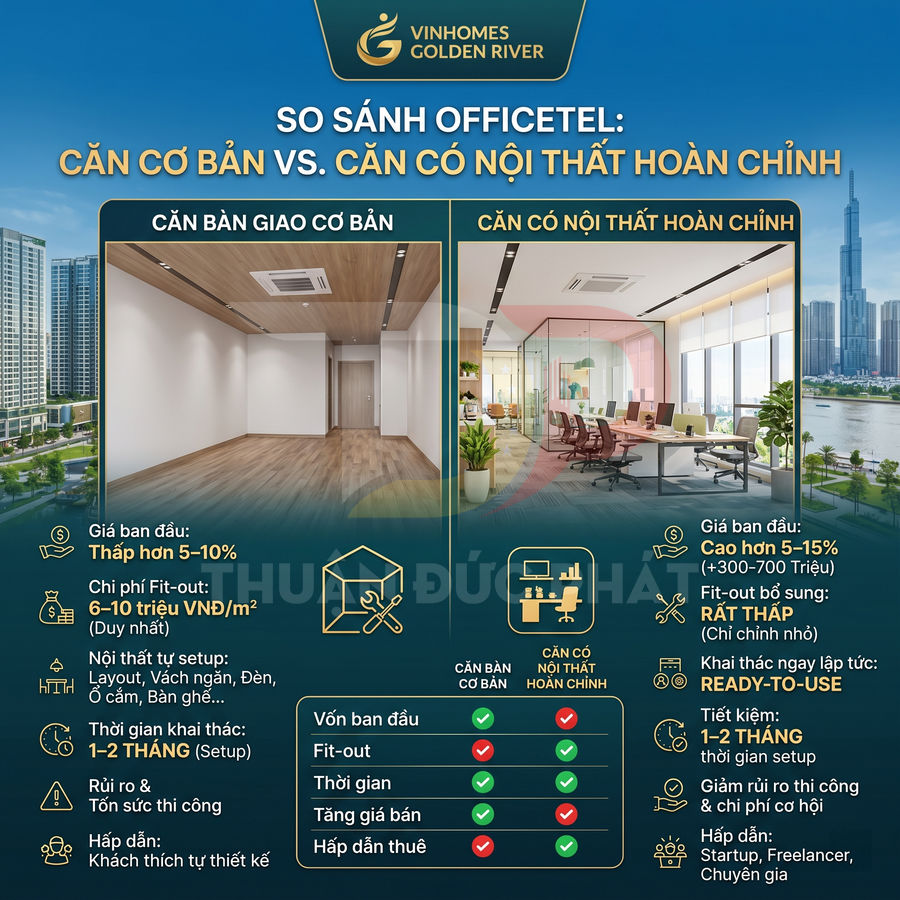 So sánh officetel Vinhomes Golden River căn bàn giao cơ bản và căn có nội thất hoàn chỉnh