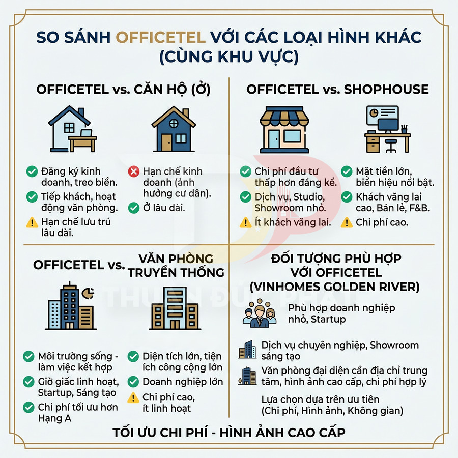 Infographic so sánh officetel với căn hộ, shophouse, văn phòng truyền thống và đối tượng phù hợp