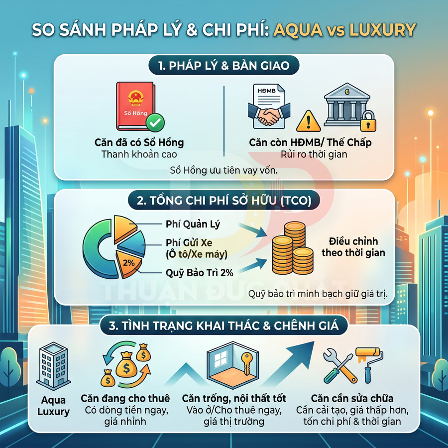 Infographic so sánh pháp lý, chi phí sở hữu và khai thác căn hộ Aqua và Aqua Luxury trong bất động sản