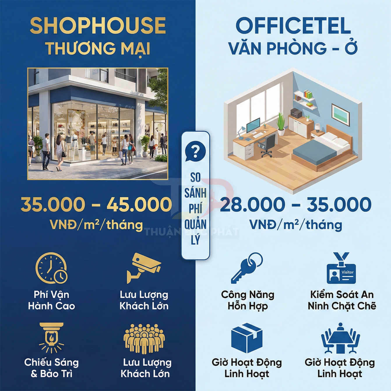 So sánh phí quản lý shophouse thương mại và officetel văn phòng ở theo giá thuê trên mét vuông