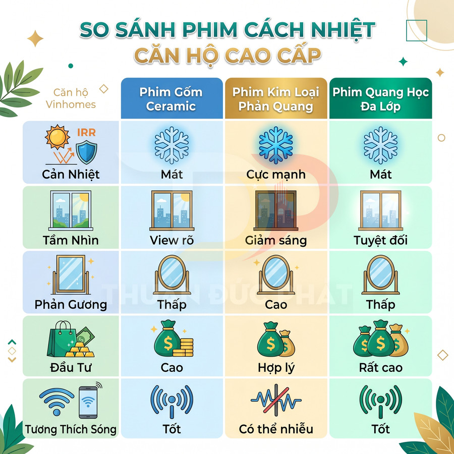 Bảng so sánh phim cách nhiệt căn hộ cao cấp: phim gốm ceramic, phim kim loại phản quang và phim quang học đa lớp