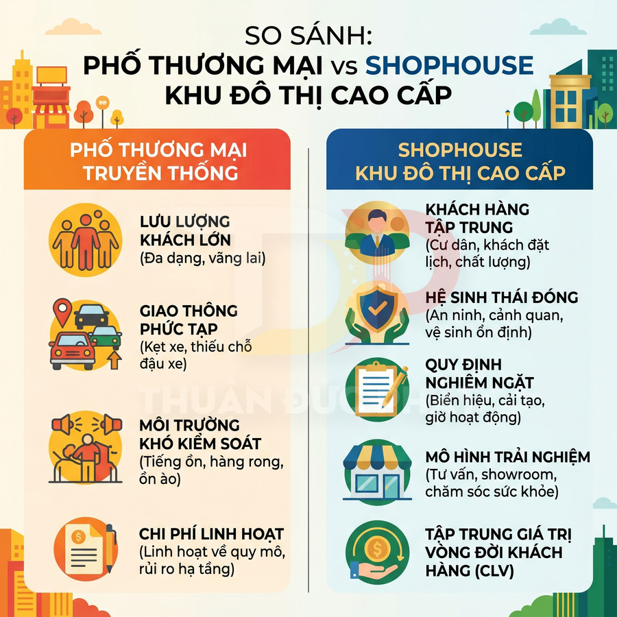 Infographic so sánh ưu nhược điểm phố thương mại truyền thống và shophouse khu đô thị cao cấp