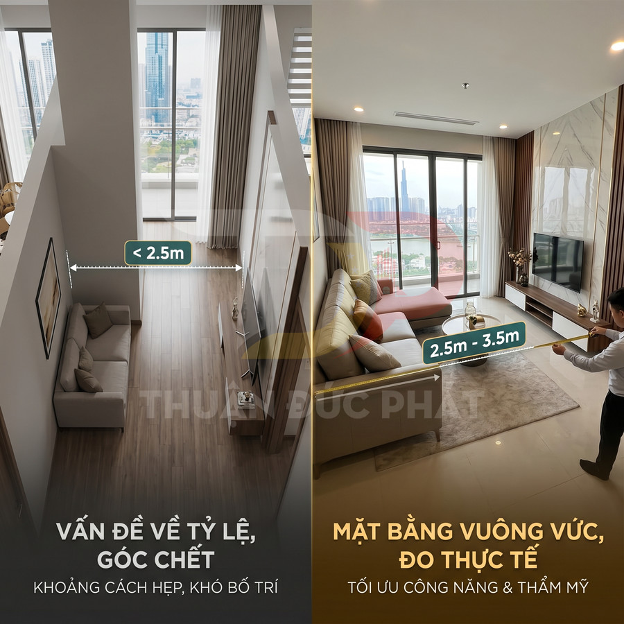 So sánh phòng khách căn hộ hẹp dưới 2.5m và phòng khách vuông vức rộng 2.5 đến 3.5m tối ưu bố trí nội thất