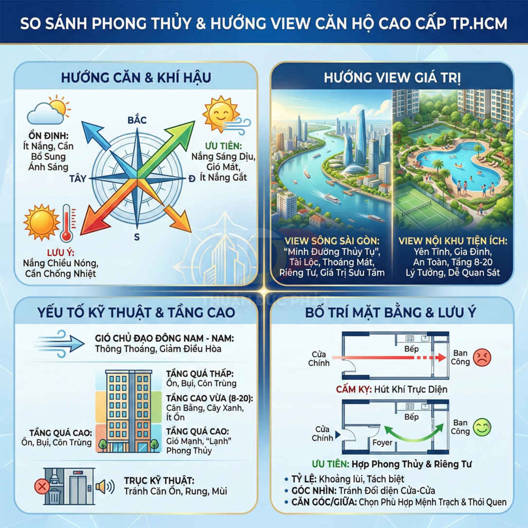 Infographic so sánh phong thủy và hướng view căn hộ cao cấp tại TP HCM, ưu nhược điểm từng hướng và bố trí mặt bằng