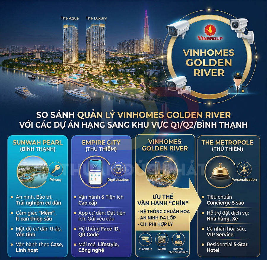 Infographic so sánh quản lý dự án căn hộ cao cấp Vinhomes Golden River với Sunwah Pearl, Empire City và The Metropole