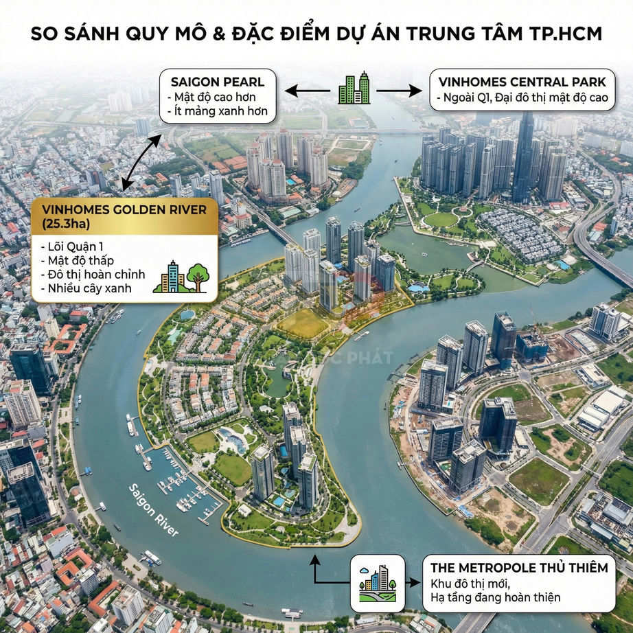 So sánh quy mô và vị trí các dự án Vinhomes Golden River, Saigon Pearl, Vinhomes Central Park, The Metropole Thủ Thiêm