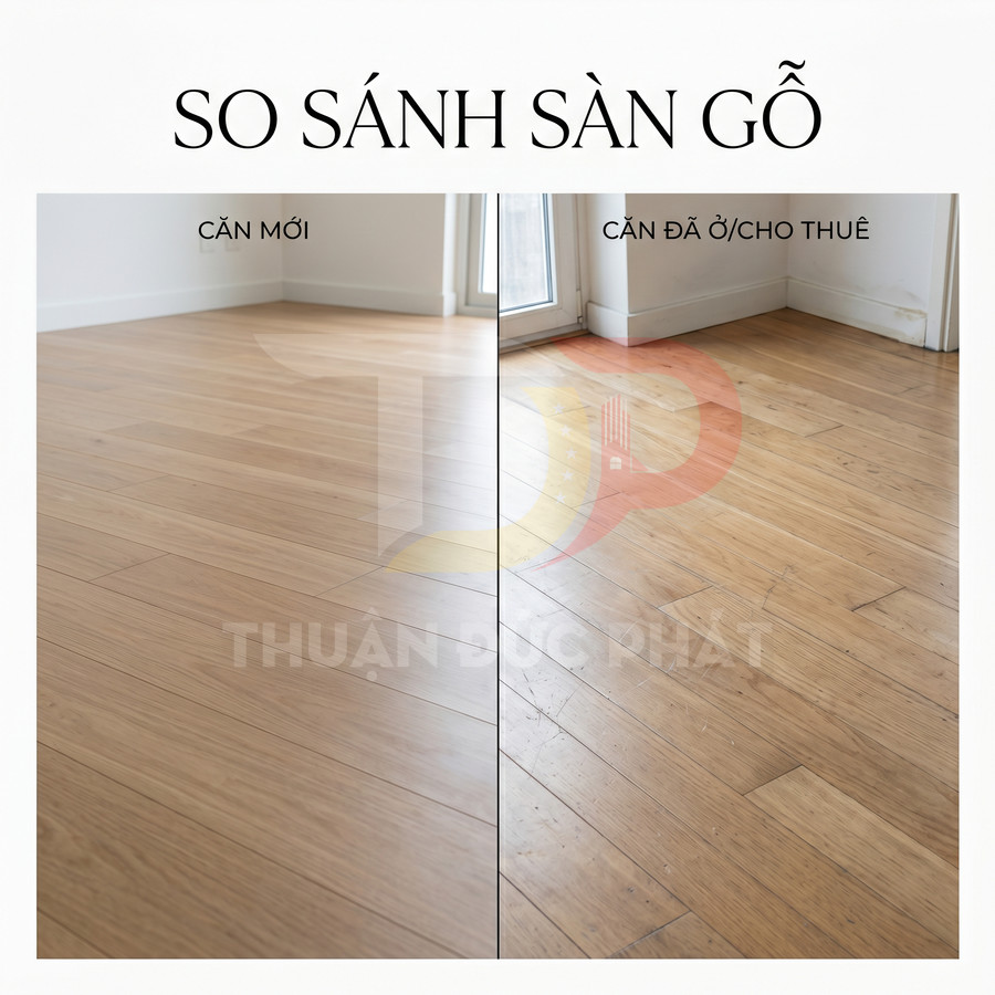 So sánh sàn gỗ mới và sàn gỗ đã sử dụng trong căn hộ gần cửa sổ