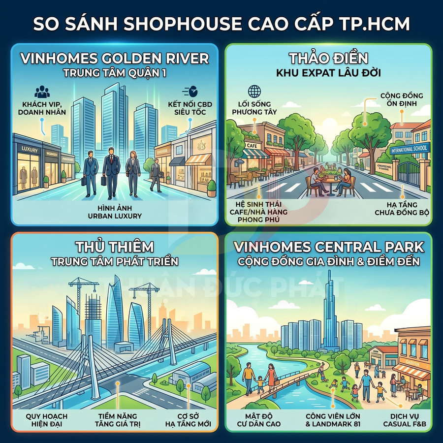 So sánh shophouse cao cấp TP HCM tại Vinhomes Golden River, Thảo Điền, Thủ Thiêm và Vinhomes Central Park