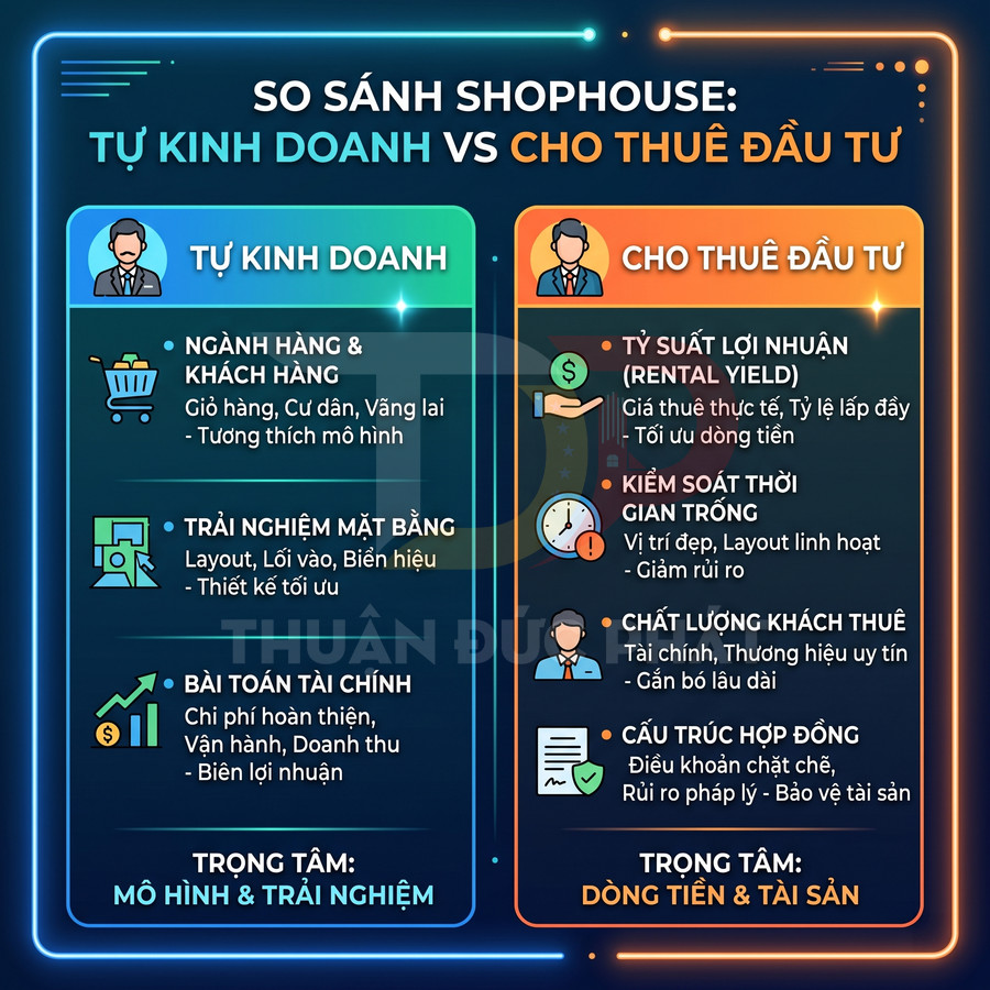 Infographic so sánh shophouse tự kinh doanh và cho thuê đầu tư, nêu các tiêu chí lợi nhuận và mô hình vận hành