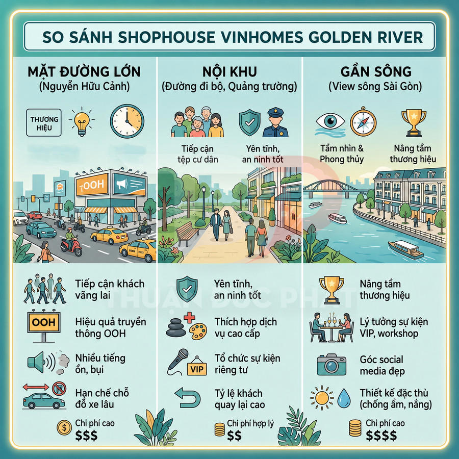 Infographic so sánh ưu điểm shophouse Vinhomes Golden River mặt đường lớn, nội khu và gần sông Saigon