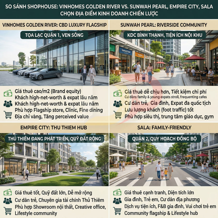 So sánh shophouse Vinhomes Golden River, Sunwah Pearl, Empire City, Sala cho kinh doanh tại TP HCM