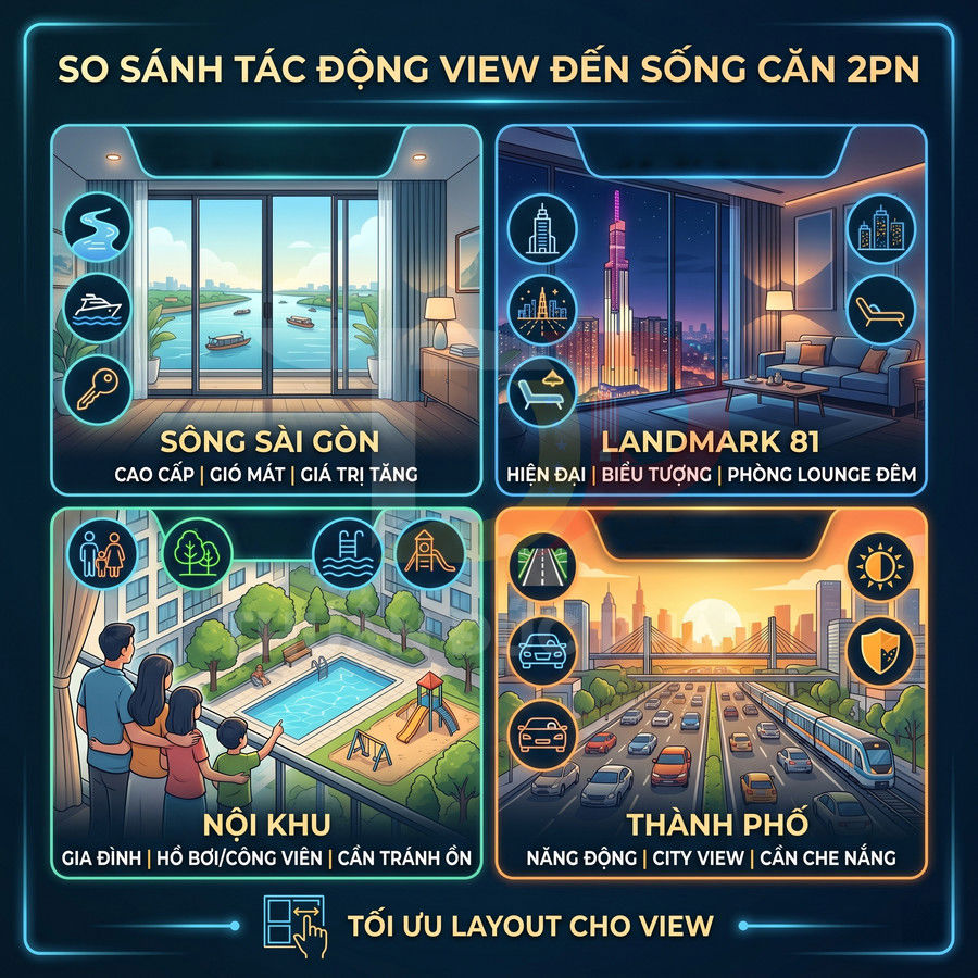 So sánh các loại view căn hộ 2 phòng ngủ: sông Sài Gòn, Landmark 81, nội khu hồ bơi và thành phố