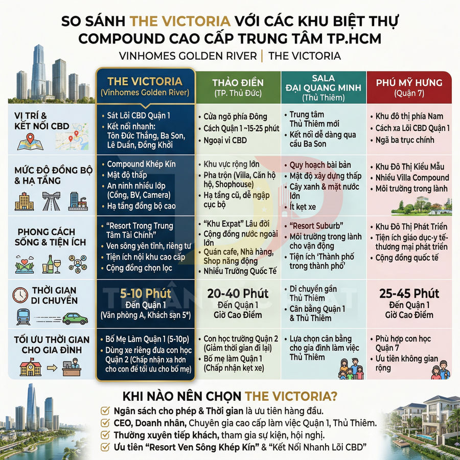So sánh khu biệt thự The Victoria Vinhomes Golden River với Thảo Điền, Sala và Phú Mỹ Hưng tại TP HCM