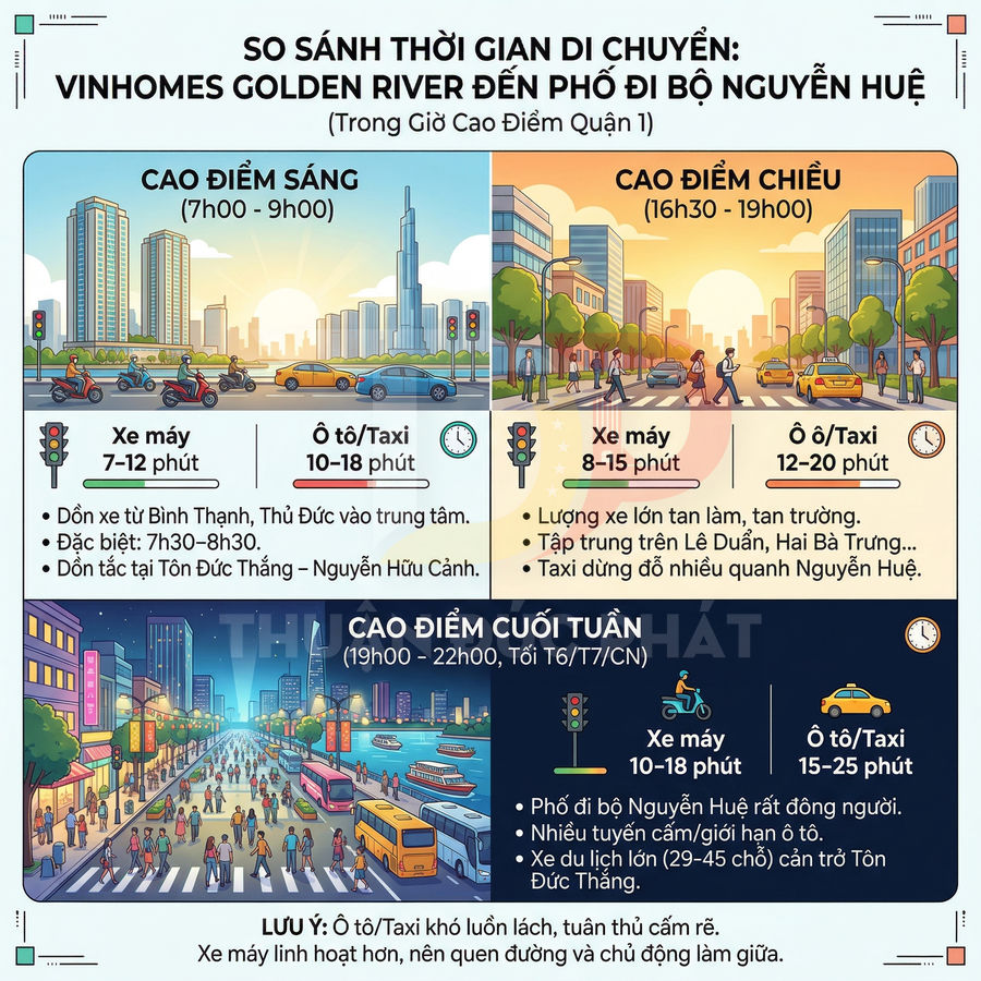 Infographic so sánh thời gian di chuyển từ Vinhomes Golden River đến phố đi bộ Nguyễn Huệ bằng xe máy và ô tô
