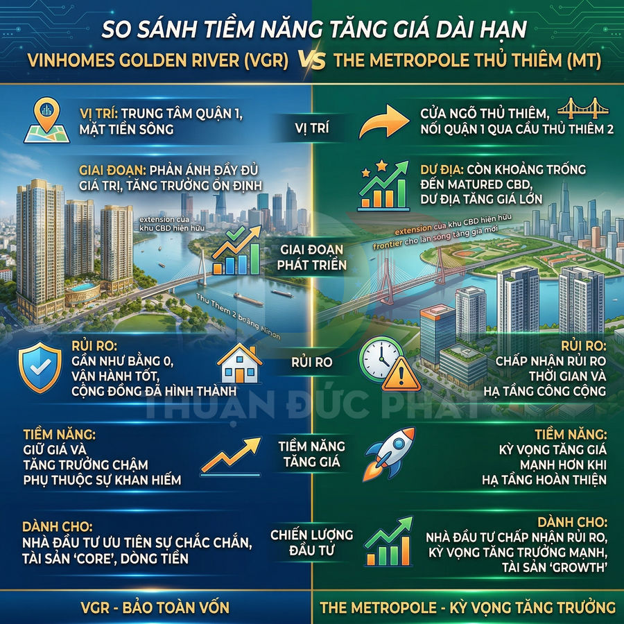 Infographic so sánh tiềm năng tăng giá dài hạn dự án Vinhomes Golden River và The Metropole Thủ Thiêm