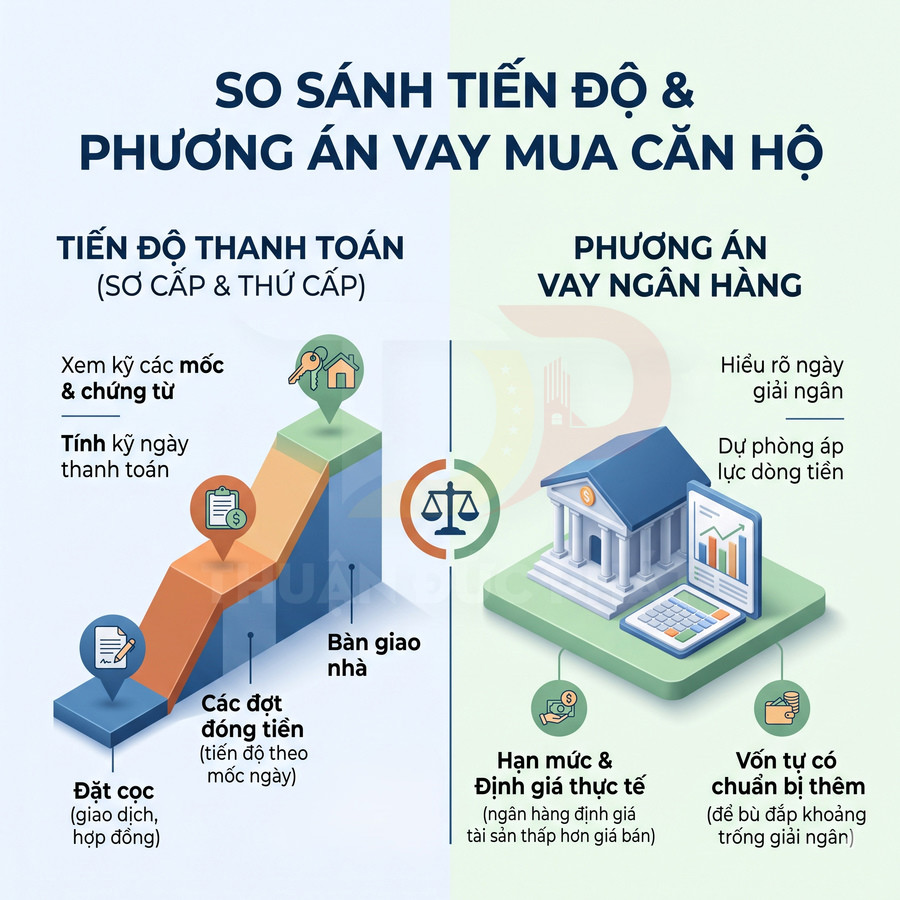 So sánh tiến độ thanh toán mua căn hộ và phương án vay ngân hàng, minh họa bằng biểu đồ và mô hình ngân hàng