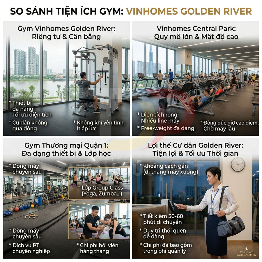 So sánh tiện ích phòng gym Vinhomes Golden River với Vinhomes Central Park và gym thương mại Quận 1