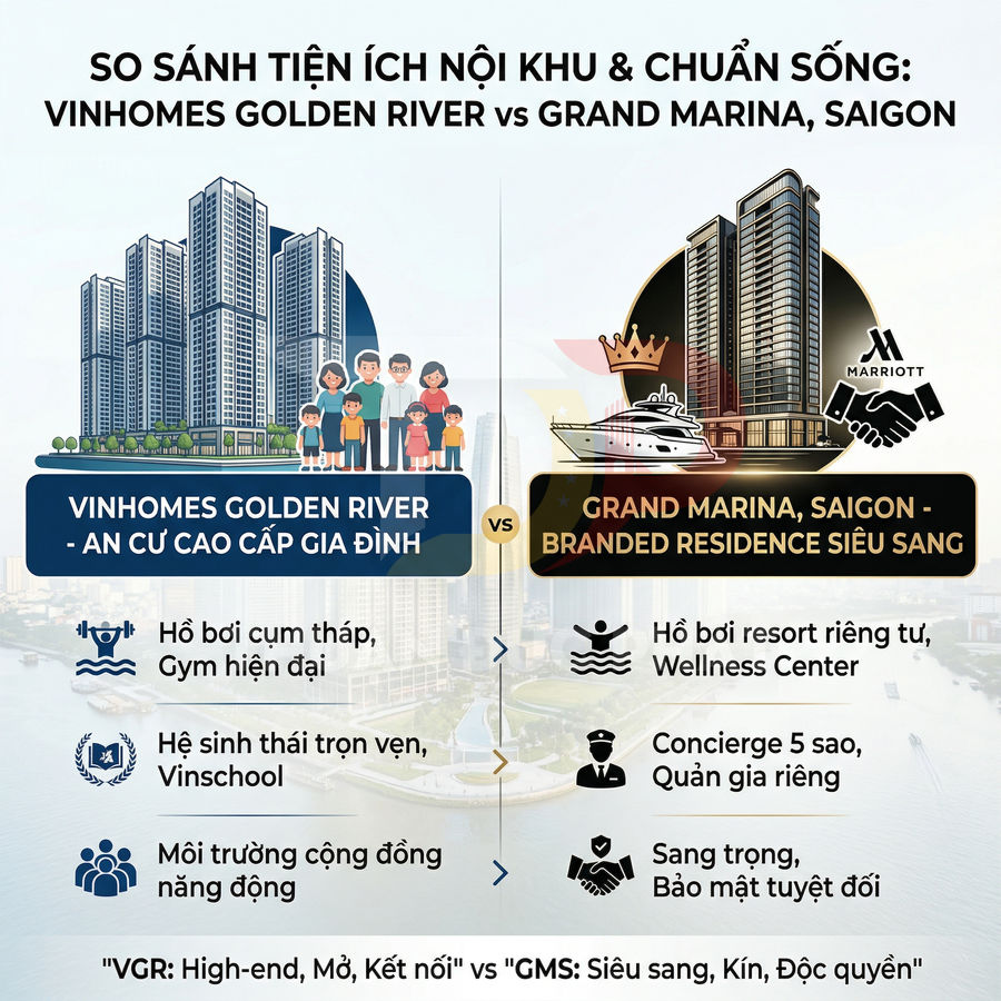 So sánh tiện ích nội khu Vinhomes Golden River và Grand Marina Saigon trên nền minh họa tòa nhà cao tầng