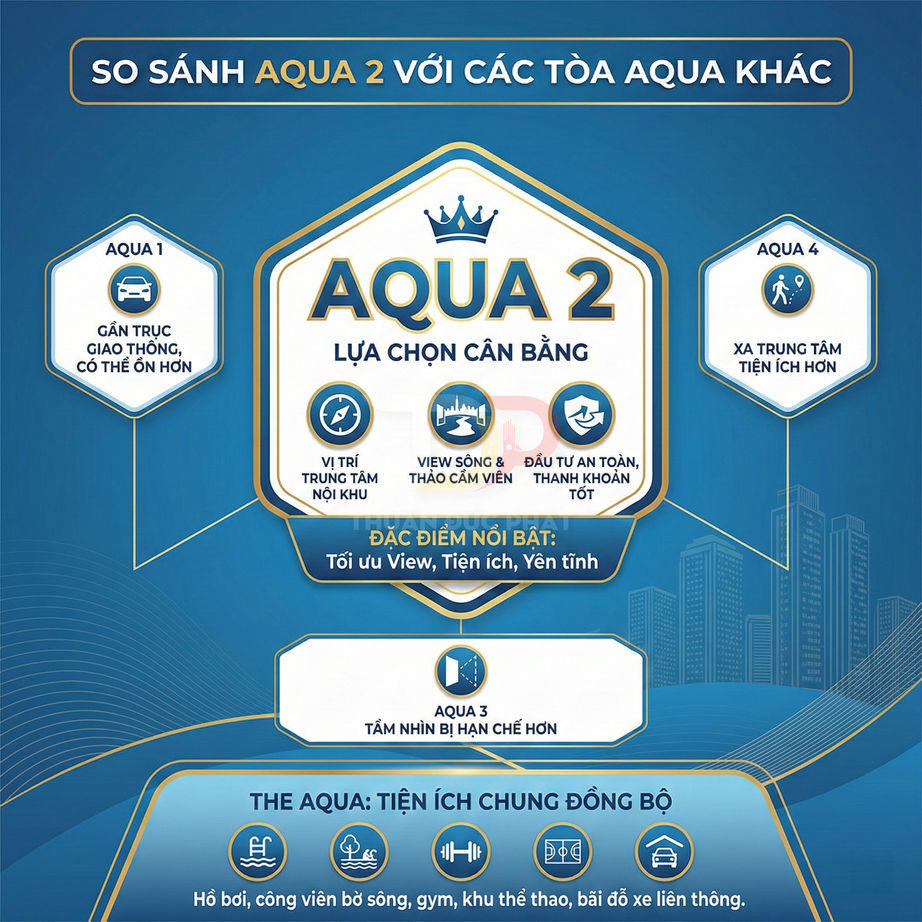 Infographic so sánh tòa căn hộ Aqua 2 với các tòa Aqua khác về vị trí, tầm nhìn và tiện ích tổng thể