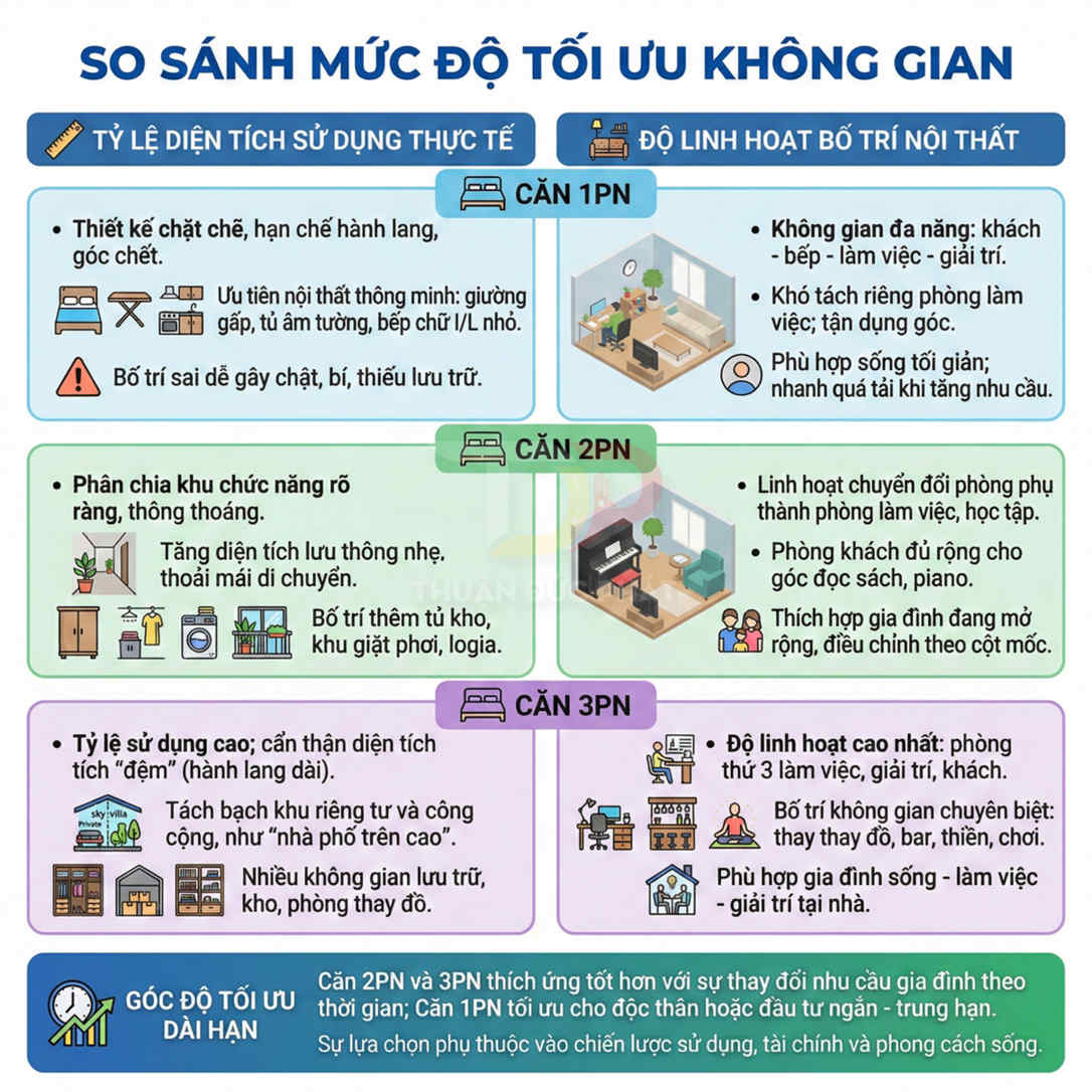 Infographic so sánh tối ưu không gian căn hộ 1PN, 2PN, 3PN về diện tích sử dụng và linh hoạt nội thất