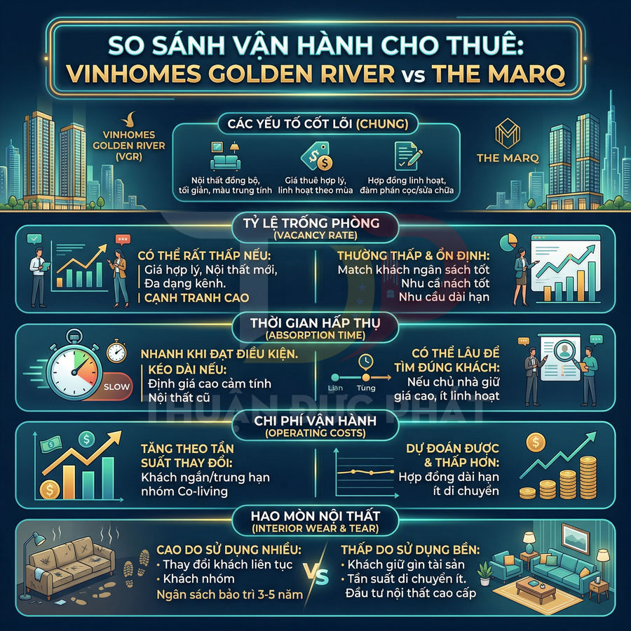 Infographic so sánh vận hành cho thuê căn hộ Vinhomes Golden River và The Marq với các chỉ số chi phí, tỷ lệ trống, hao mòn nội thất