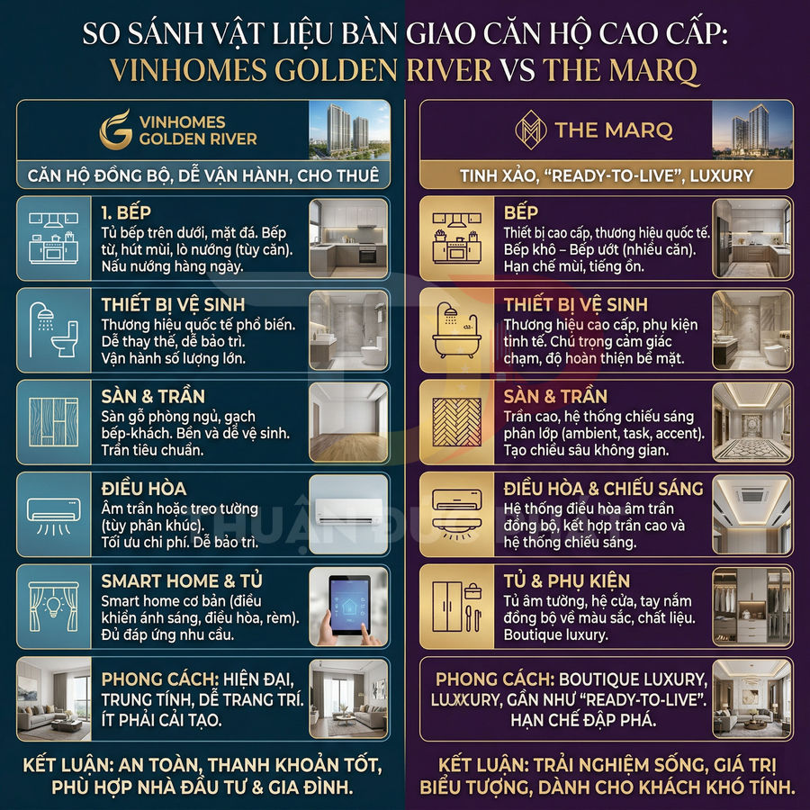 So sánh vật liệu bàn giao căn hộ cao cấp Vinhomes Golden River và The Marq với hình ảnh nội thất minh họa