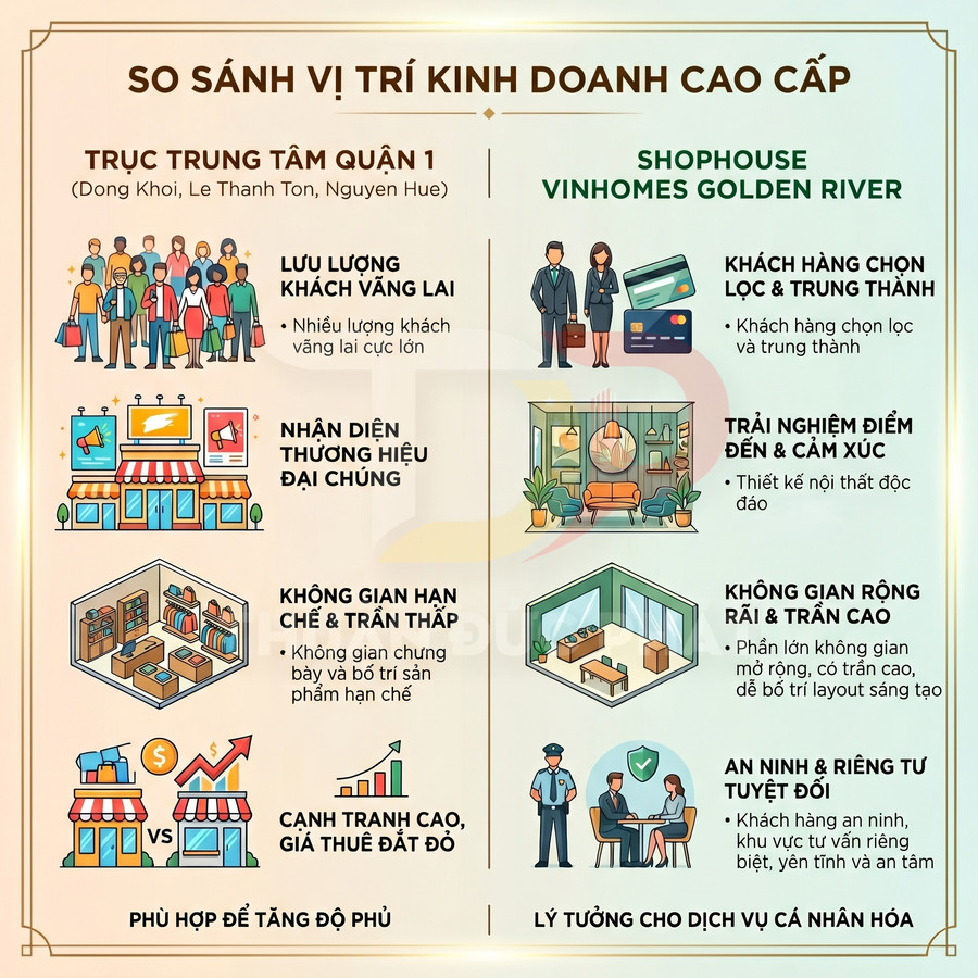 Infographic so sánh vị trí kinh doanh cao cấp giữa trung tâm Quận 1 và shophouse Vinhomes Golden River
