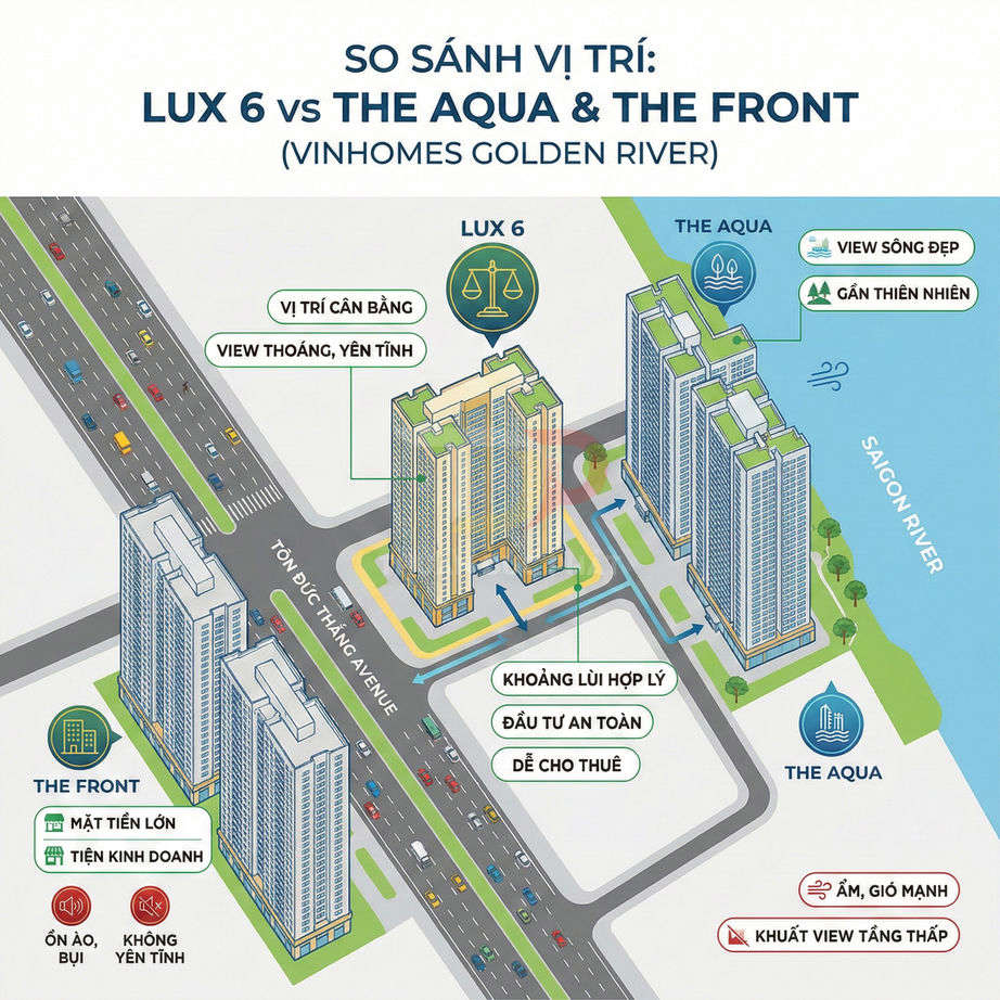 Sơ đồ so sánh vị trí các tòa LUX 6, THE AQUA, THE FRONT trong dự án Vinhomes Golden River bên sông Sài Gòn