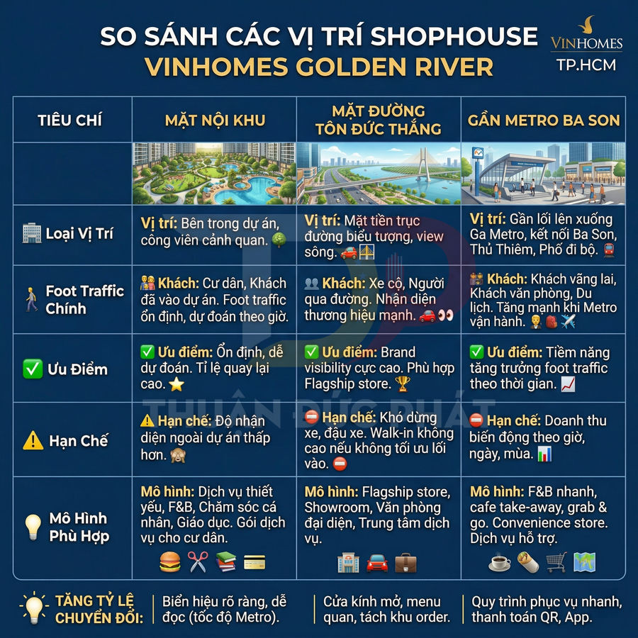 Bảng so sánh các vị trí shophouse Vinhomes Golden River tại TP HCM với tiêu chí, ưu điểm và mô hình kinh doanh phù hợp