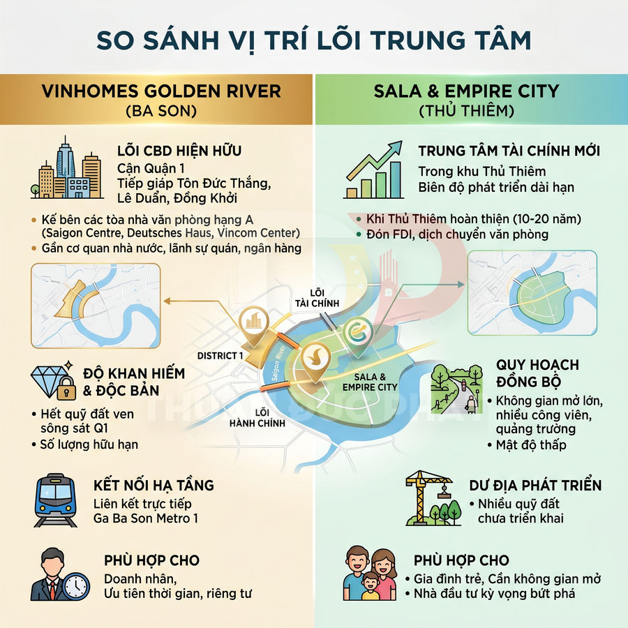 Infographic so sánh vị trí trung tâm Vinhomes Golden River Ba Son và Sala Empire City Thủ Thiêm tại TP HCM