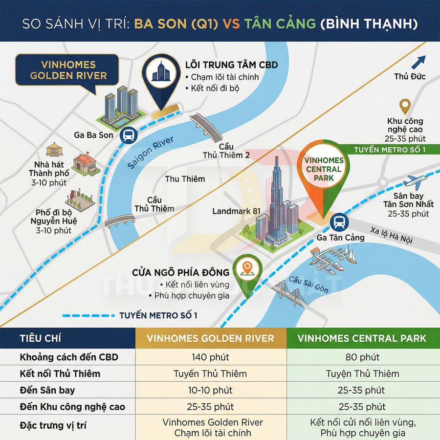 Bản đồ so sánh vị trí dự án Vinhomes Golden River Ba Son và Vinhomes Central Park Tân Cảng