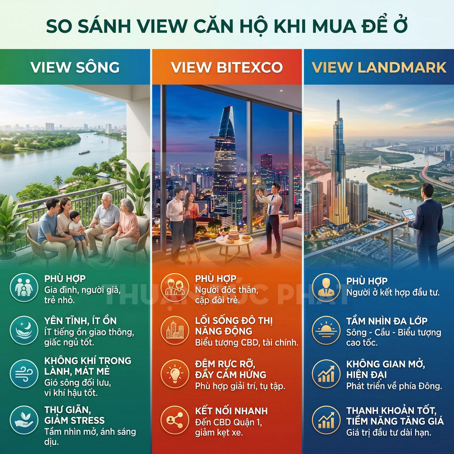 So sánh các loại view căn hộ: view sông, view Bitexco và view Landmark cùng ưu nhược điểm