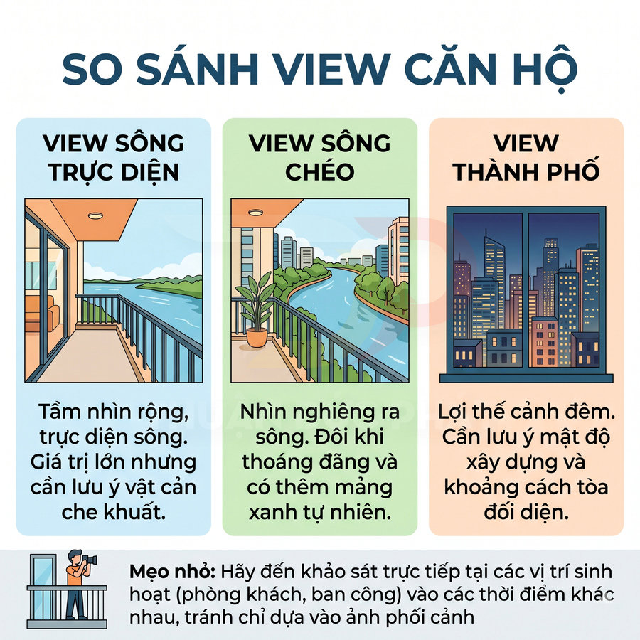So sánh view căn hộ gồm hướng nhìn trực diện sông, nhìn chéo ra sông và cảnh thành phố ban đêm