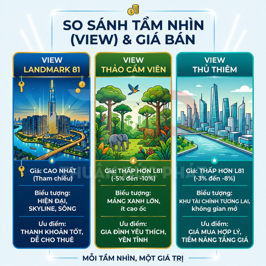 Infographic so sánh giá bán căn hộ theo view Landmark 81, Thảo Cầm Viên và Thủ Thiêm