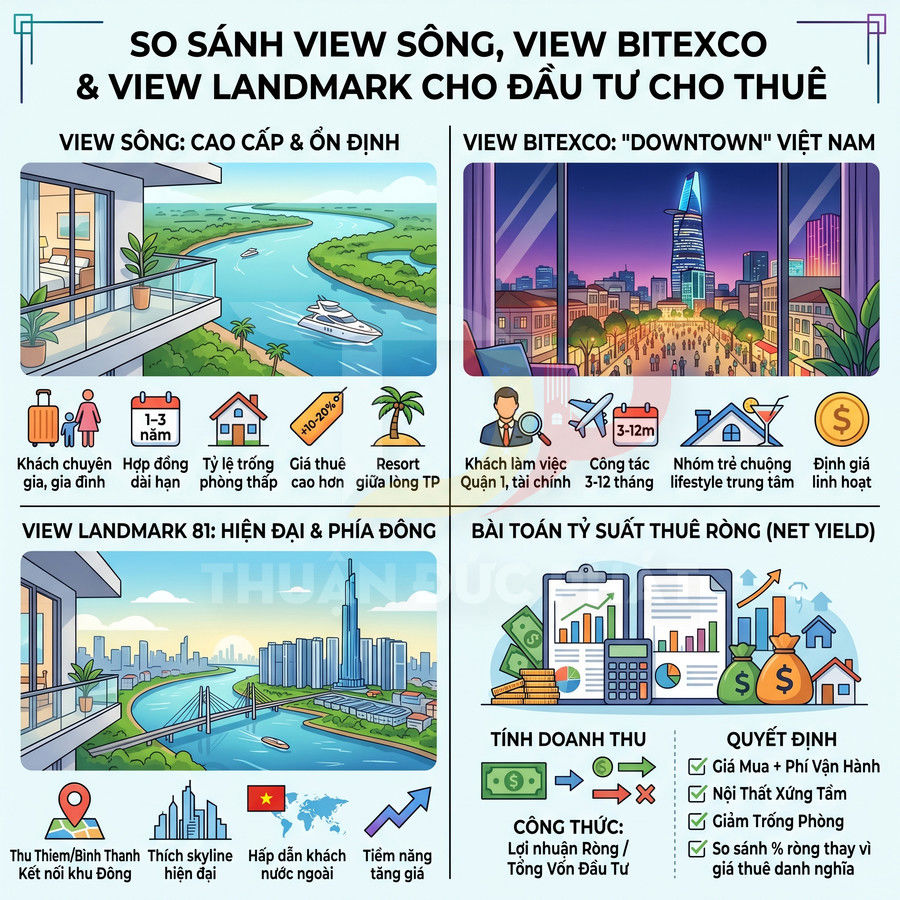 Infographic so sánh view sông, view Bitexco và view Landmark 81 cho đầu tư căn hộ cho thuê