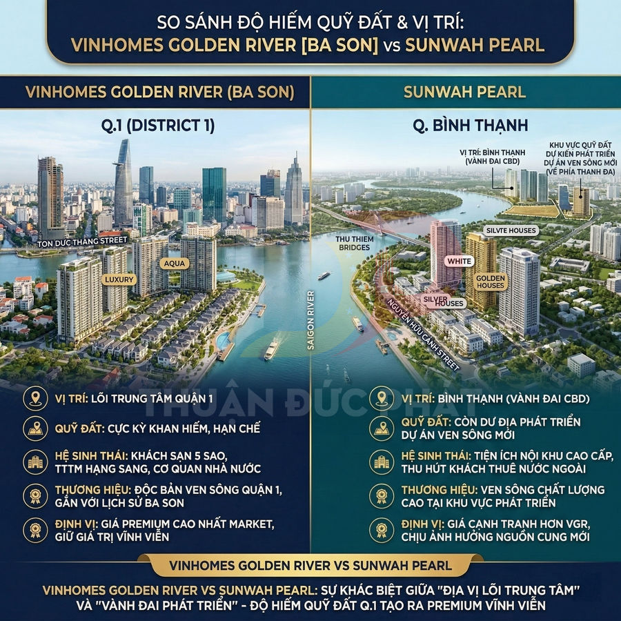 So sánh vị trí và quỹ đất dự án Vinhomes Golden River Ba Son và Sunwah Pearl bên sông Sài Gòn