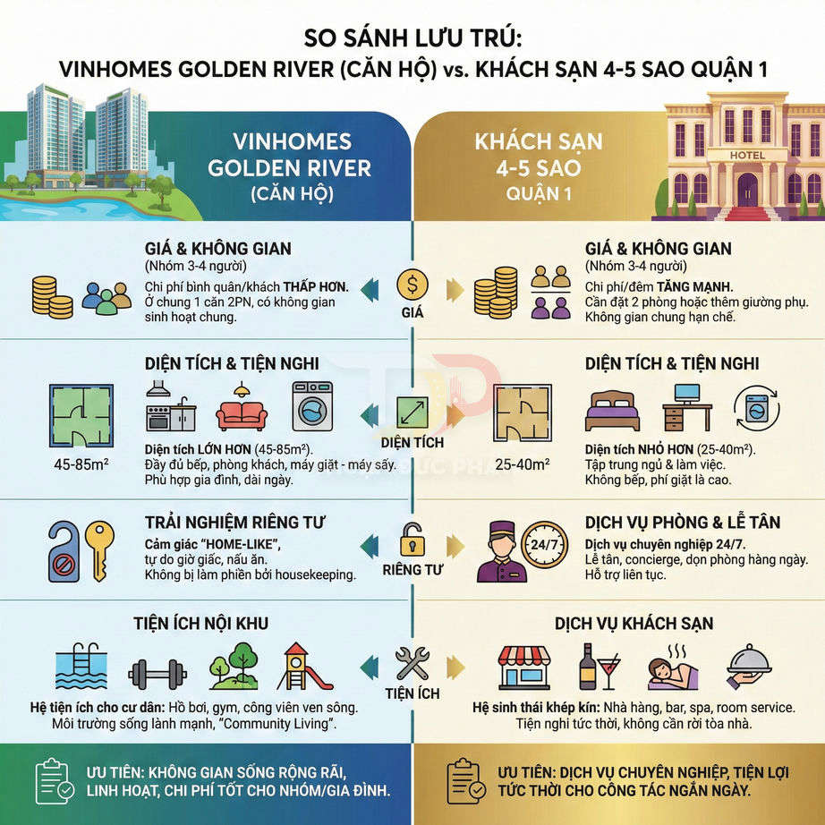So sánh lưu trú Vinhomes Golden River căn hộ và khách sạn 4 5 sao quận 1 về giá diện tích tiện ích