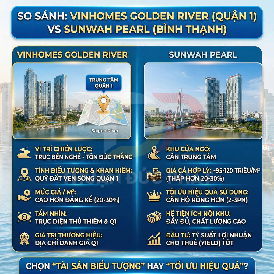 So sánh dự án căn hộ Vinhomes Golden River Quận 1 và Sunwah Pearl Bình Thạnh bên sông Sài Gòn