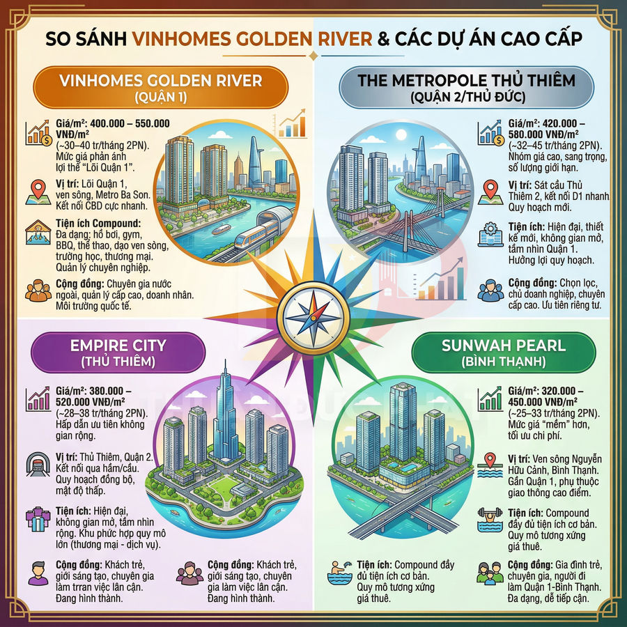 Infographic so sánh dự án căn hộ cao cấp Vinhomes Golden River, The Metropole Thủ Thiêm, Empire City và Sunwah Pearl