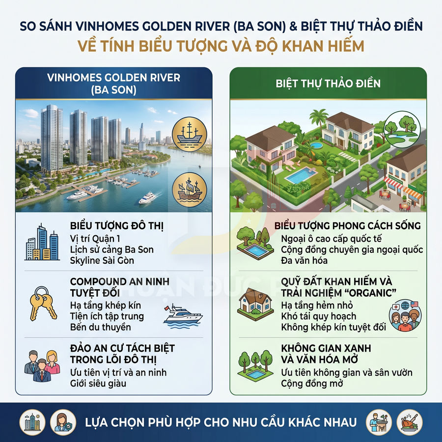So sánh dự án Vinhomes Golden River Ba Son và biệt thự Thảo Điền về biểu tượng và độ khan hiếm