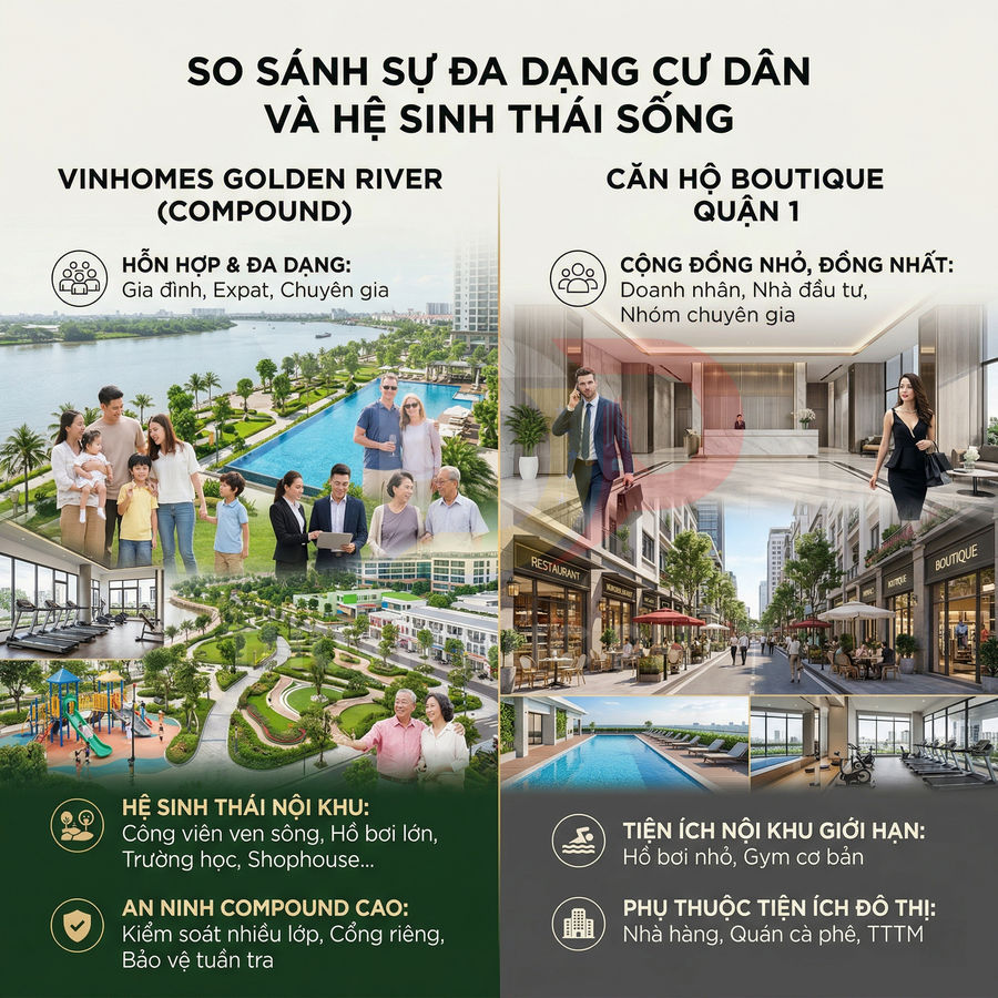 So sánh tiện ích và cư dân Vinhomes Golden River compound và căn hộ boutique Quận 1