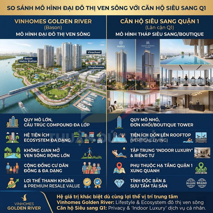 So sánh Vinhomes Golden River Bason với căn hộ siêu sang quận 1 về mô hình đô thị ven sông và tháp boutique