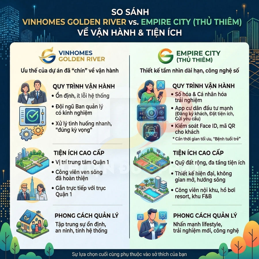 Infographic so sánh tiện ích và vận hành dự án Vinhomes Golden River và Empire City Thủ Thiêm