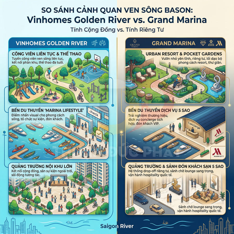 Infographic so sánh cảnh quan ven sông dự án Vinhomes Golden River và Grand Marina Bason